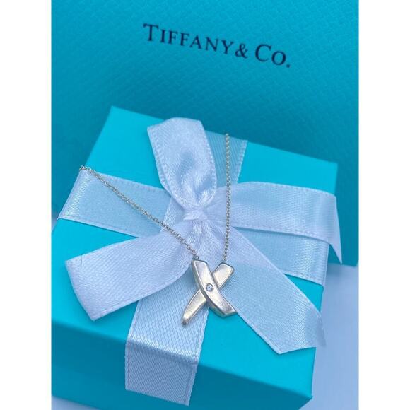 Authentic Tiffany & Co. Sterling Silver Diamond X Pendant Necklace - 16 Inches - Picture 2 of 5
